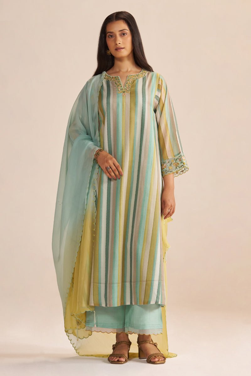 Shades of Teal and Yellow Semi Festive Kurta Set - Ganga Fashions