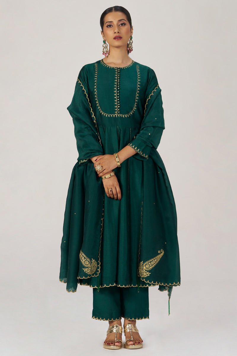 Emerald Green Raw Silk Festive Kurta Set - Ganga Fashions