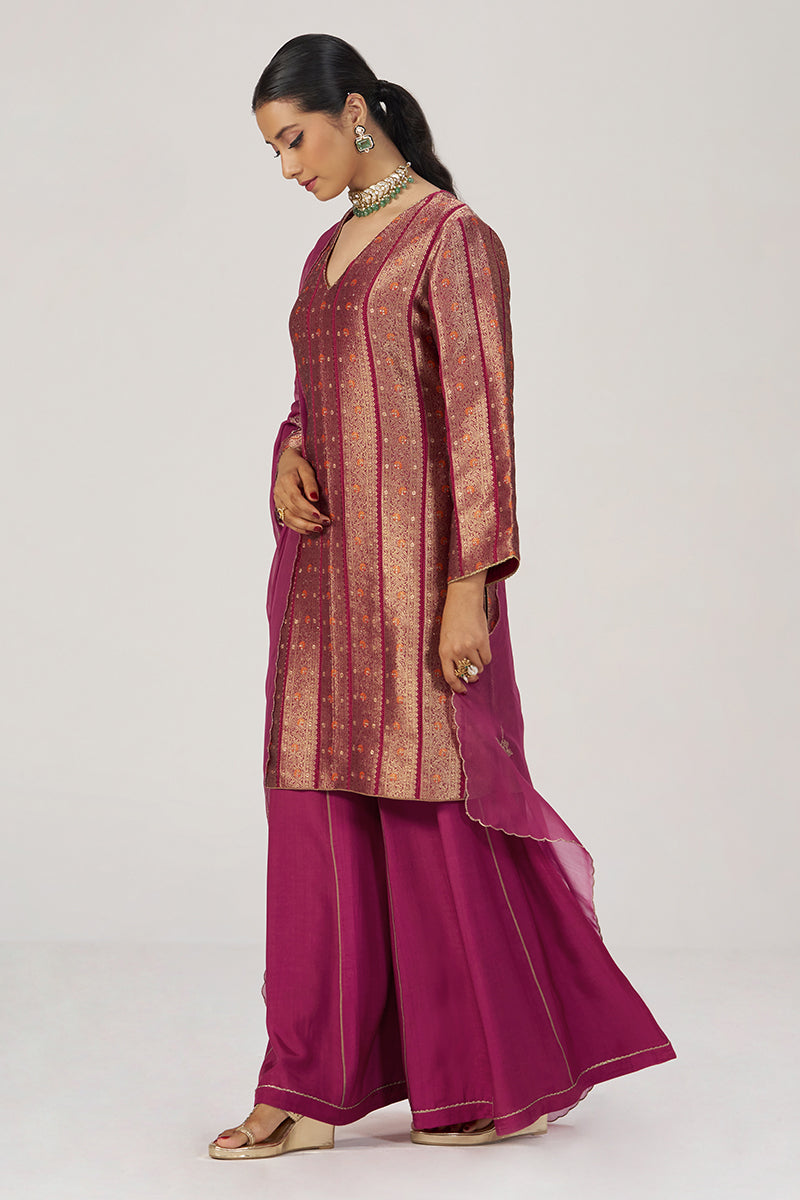 Grape Wine Pure Banarasi Festive Kurta Set