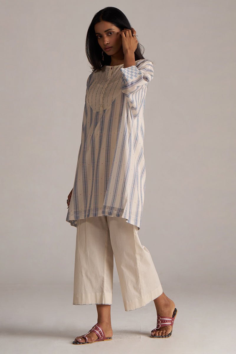 Cream and Blue Mul Chanderi Co-ord Set