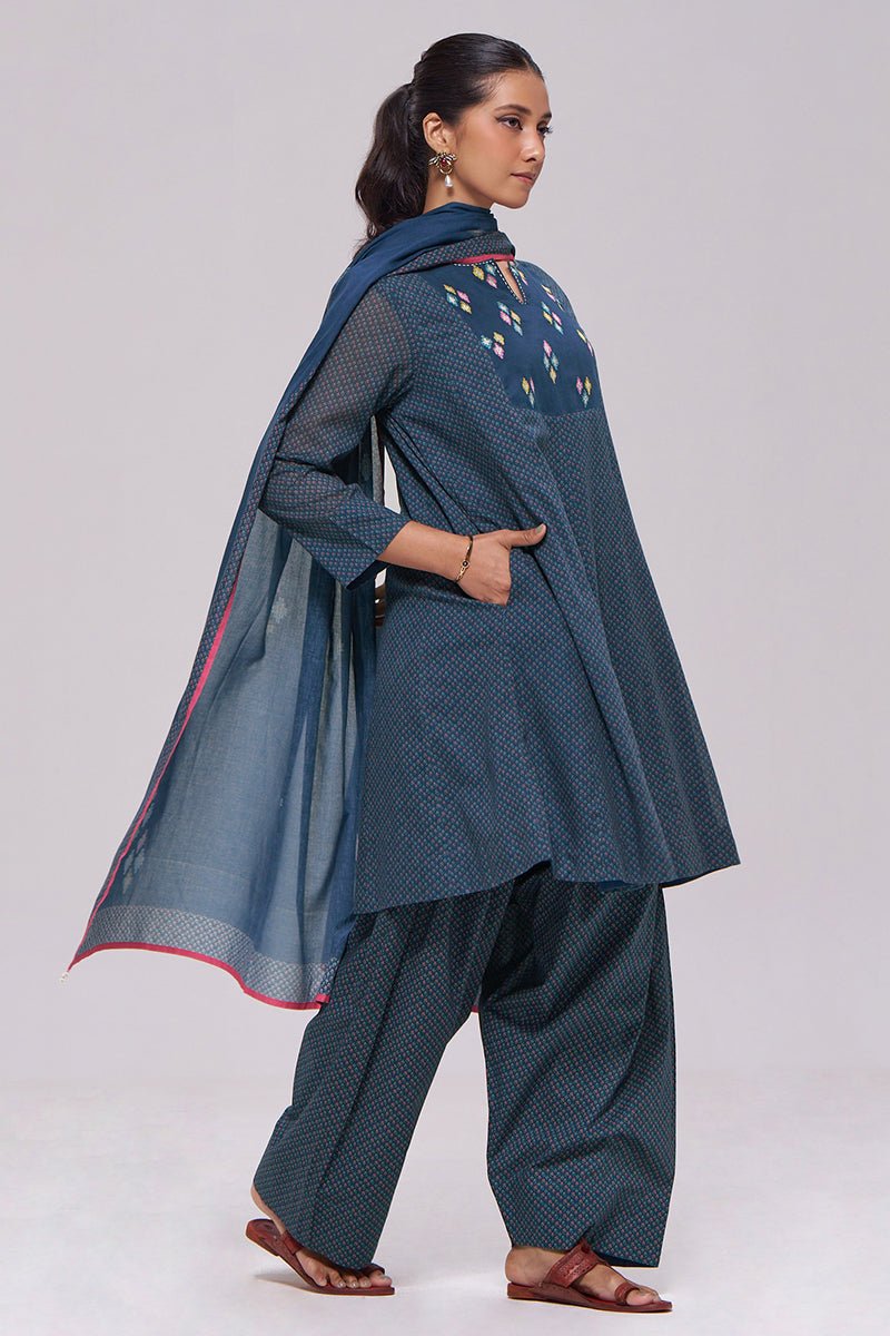 Deep Blue Printed Mul-Mul Kurta Set - Ganga Fashions