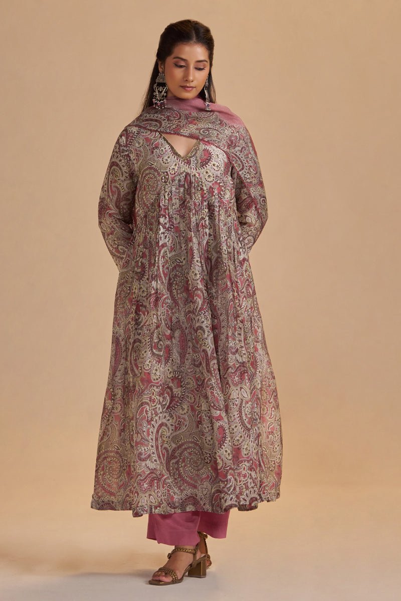 Mauve and Beige Orgenza Silk Kurta Set - Ganga Fashions