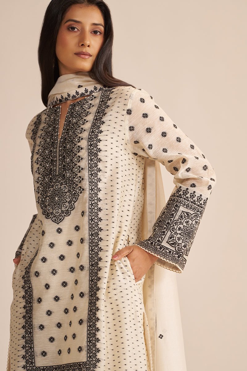 Butter Creame Woven Kurta Set - Ganga Fashions