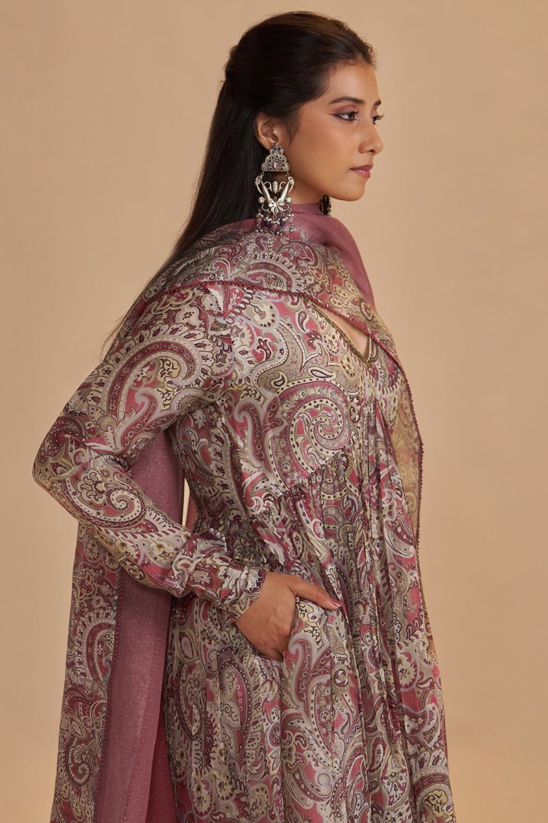 Mauve and Beige Orgenza Silk Kurta Set - Ganga Fashions