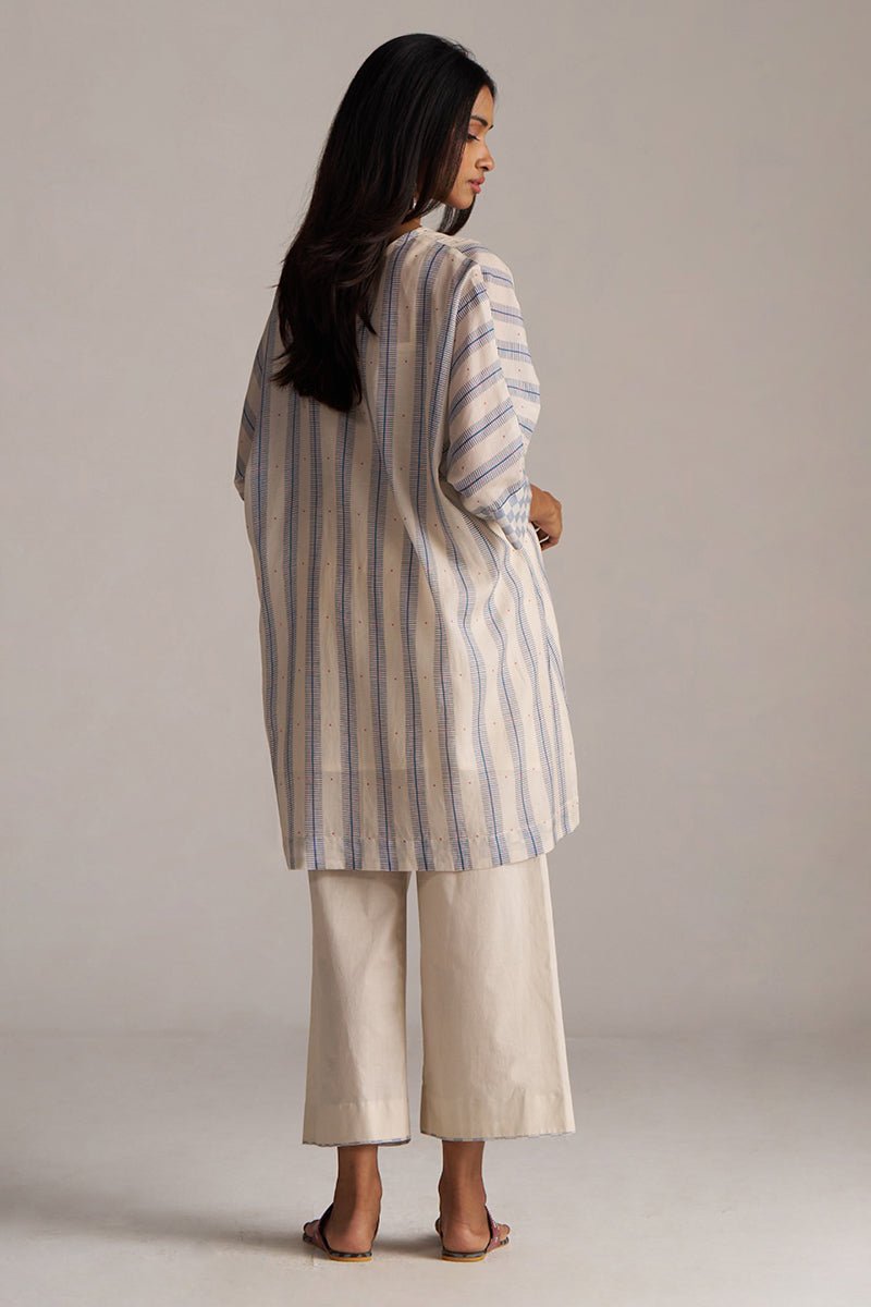 Cream and Blue Mul Chanderi Co-ord Set