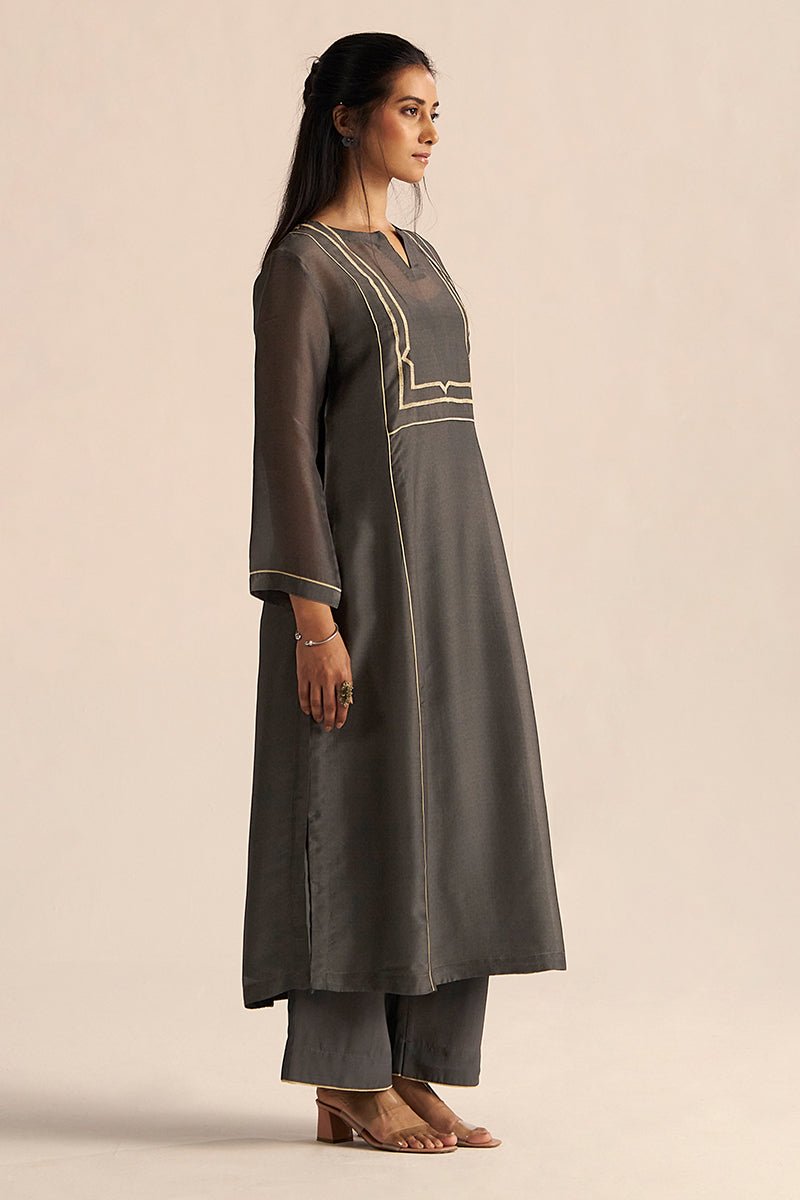 right side smily view Iron Grey Silk Co-ord Set with Subtle Embroidery