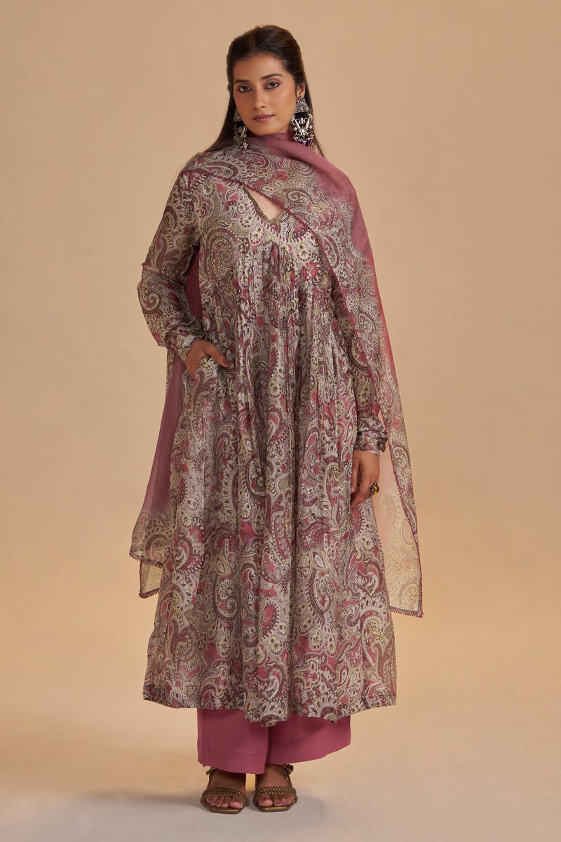 Mauve and Beige Orgenza Silk Kurta Set - Ganga Fashions