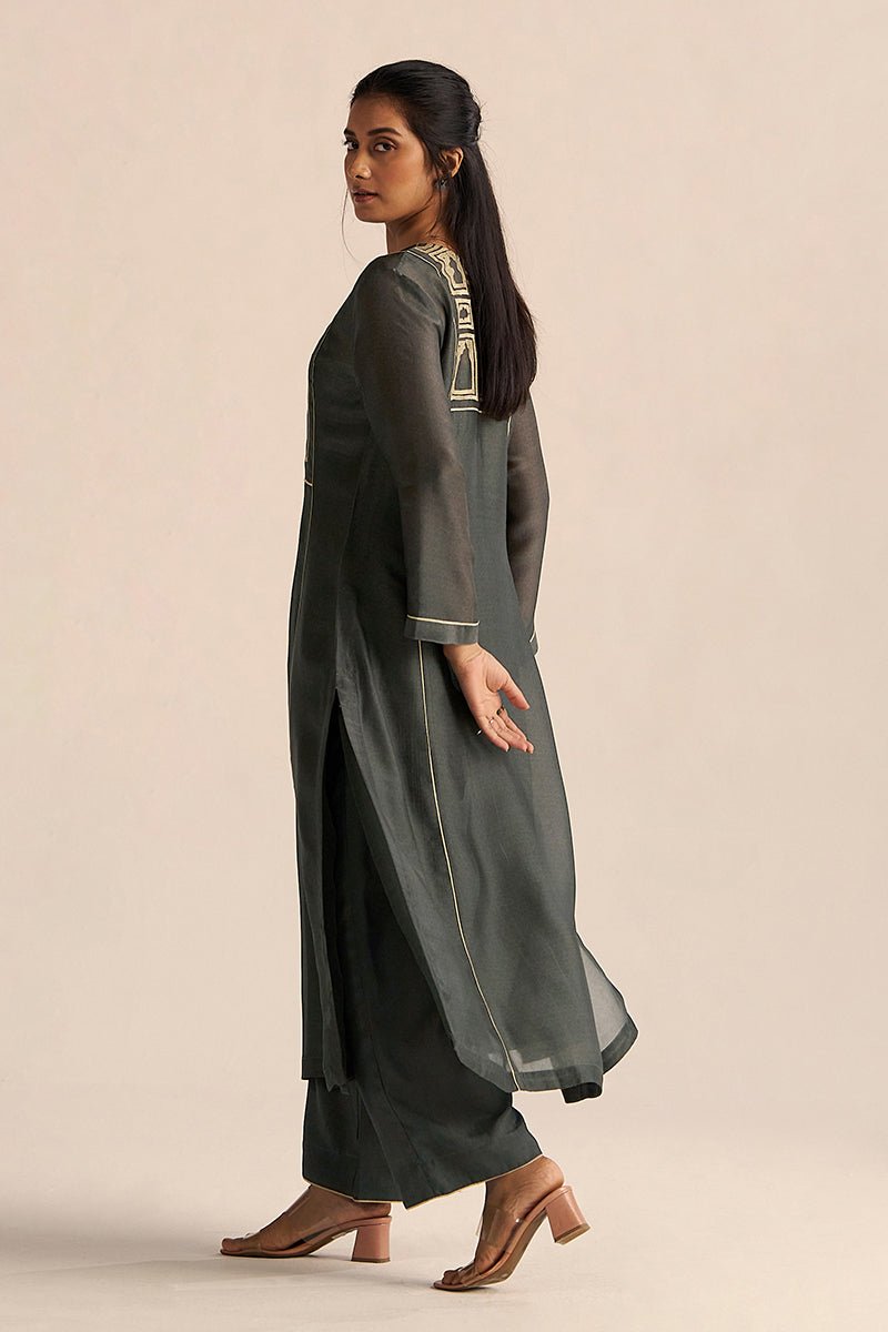 right side model view Iron Grey Silk Co-ord Set with Subtle Embroidery