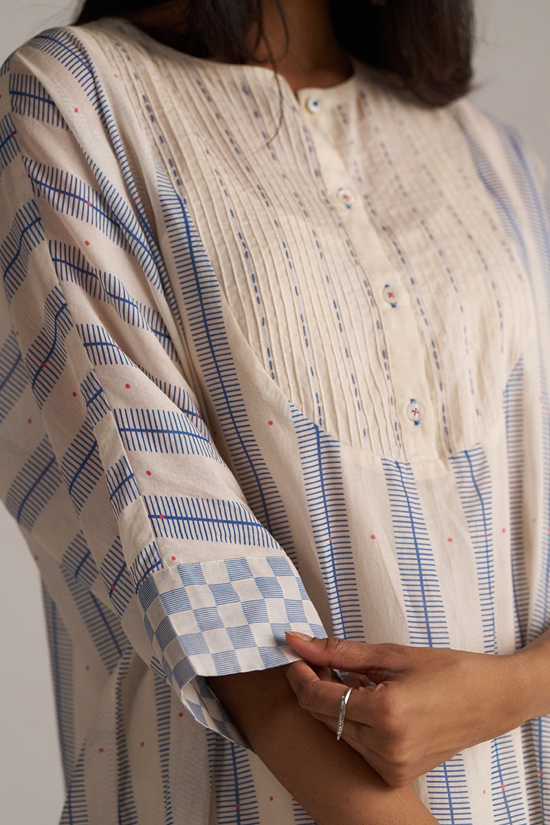 Cream and Blue Mul Chanderi Co-ord Set