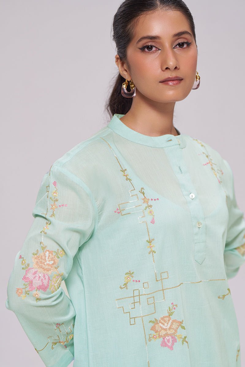Ice-Blue Mul-Chanderi Co-ord Set - Ganga Fashions