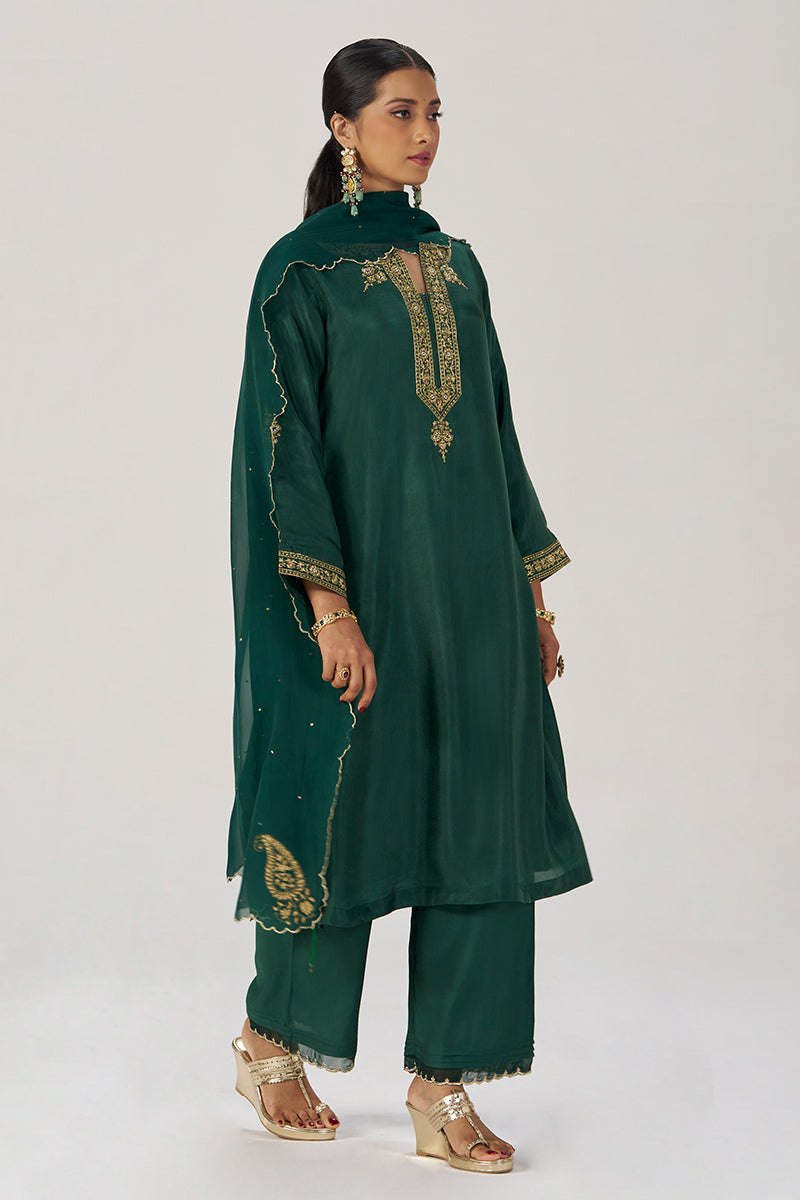 Deep Emerald Green Festive Silk Kurta Set
