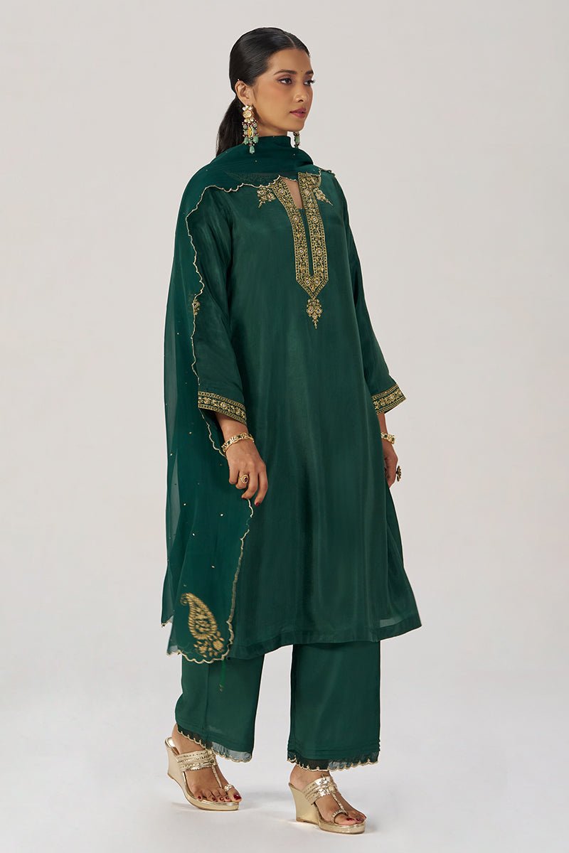 Deep Emerald Green Festive Silk Kurta Set - Ganga Fashions