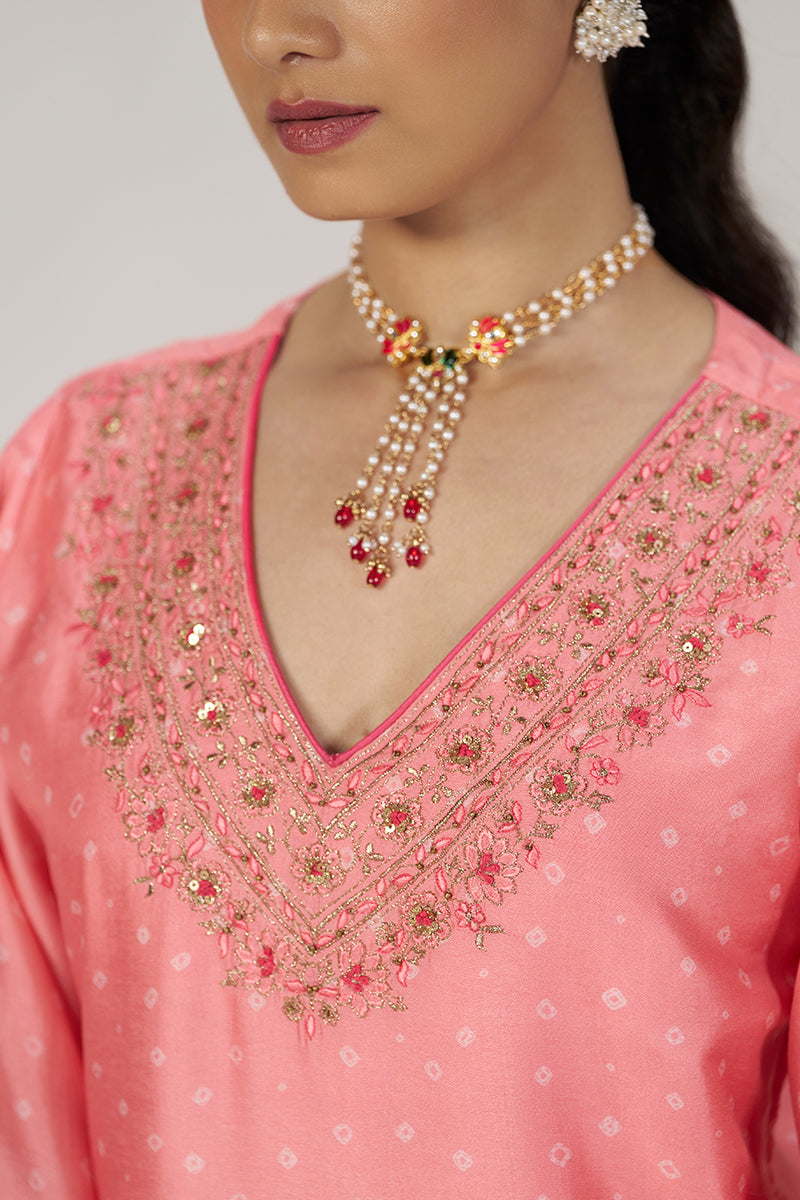 Peach Blossom Festive Bandhani Print Sharara Set