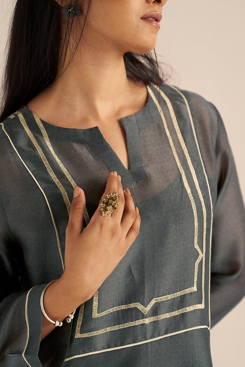 right hand side view Iron Grey Silk Co-ord Set with Subtle Embroidery