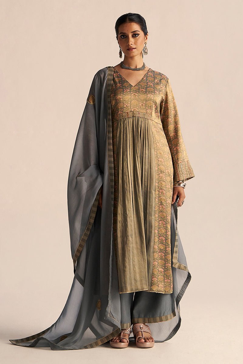 Fornt View Full model Monument Grey Tissue Festive Kurta Set
