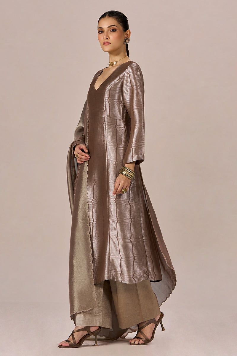 Light Brown and Soft Gold Tissue Festive kurta Set