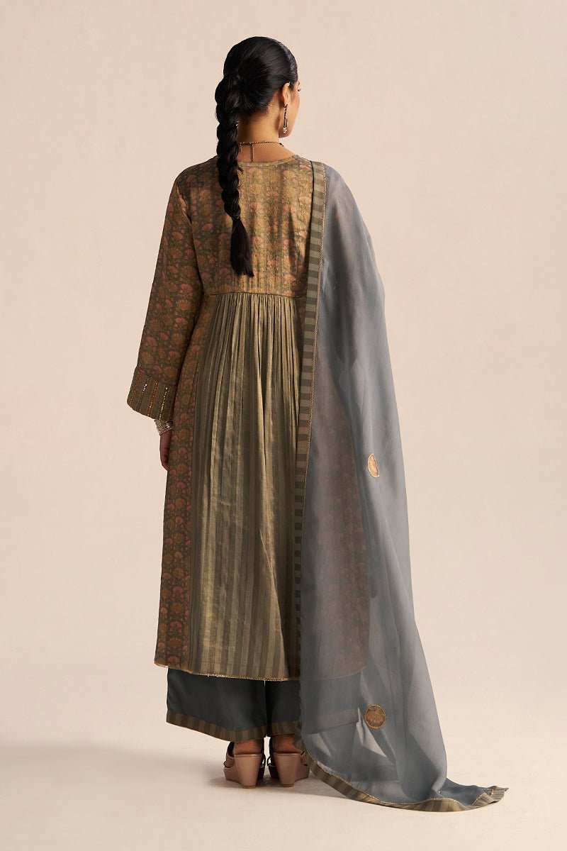back side full model view Monument Grey Tissue Festive Kurta Set