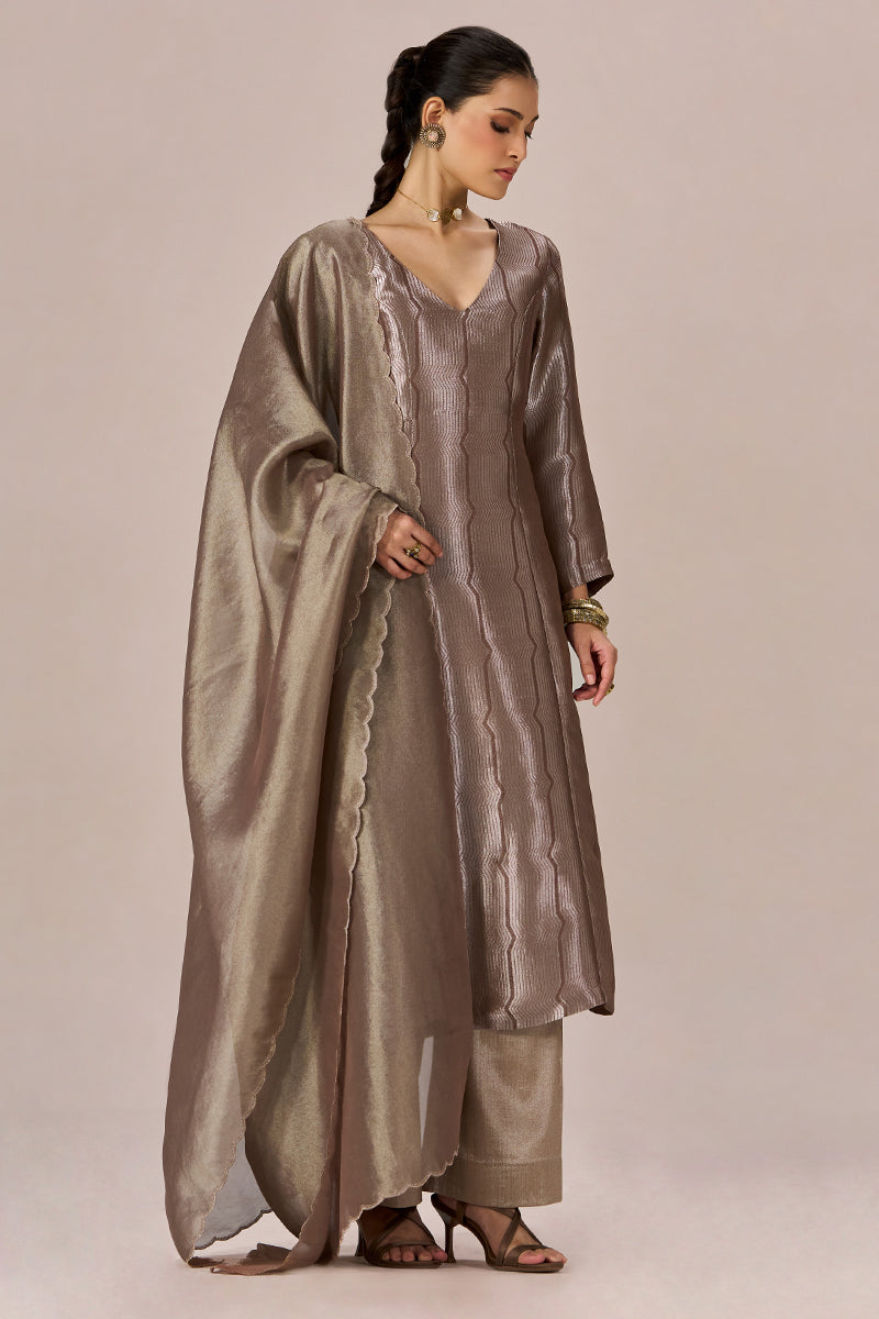 Light Brown and Soft Gold Tissue Festive kurta Set