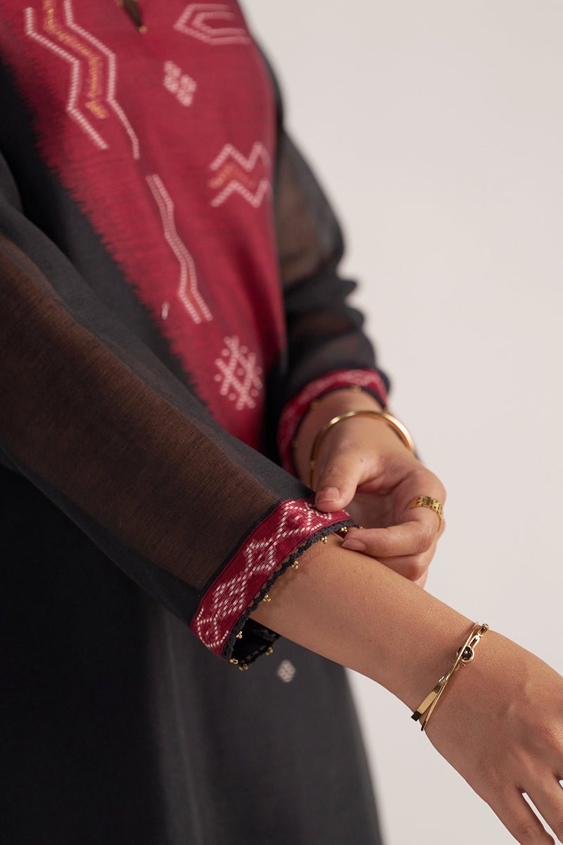 Black and Maroon Woven Kurta Set