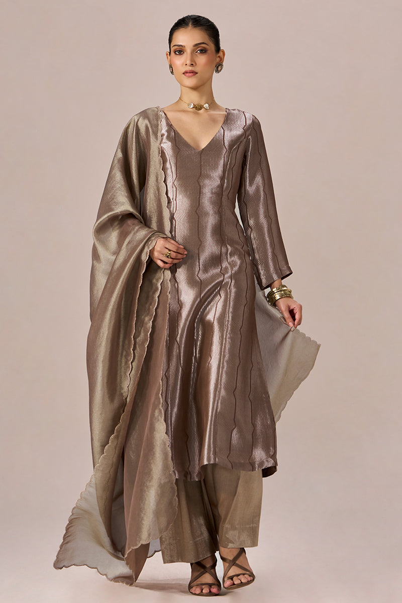 Light Brown and Soft Gold Tissue Festive kurta Set