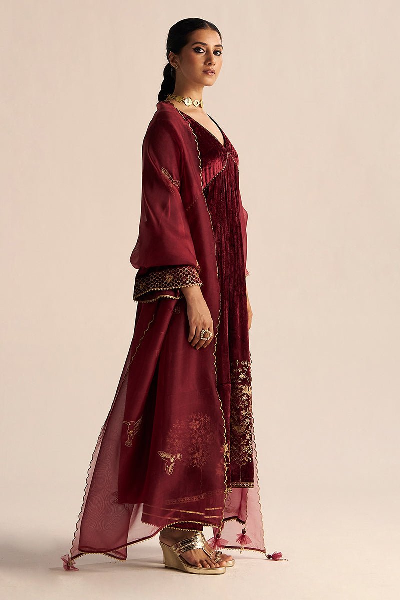 back side view Sun-Dried Tomato Velvet Festive Kurta Set with Kora Silk Dupatta