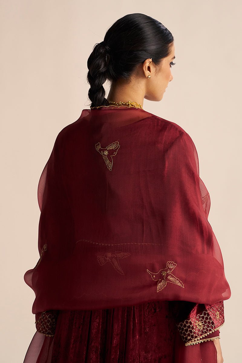 Back Side Sun-Dried Tomato Velvet Festive Kurta Set with Kora Silk Dupatta