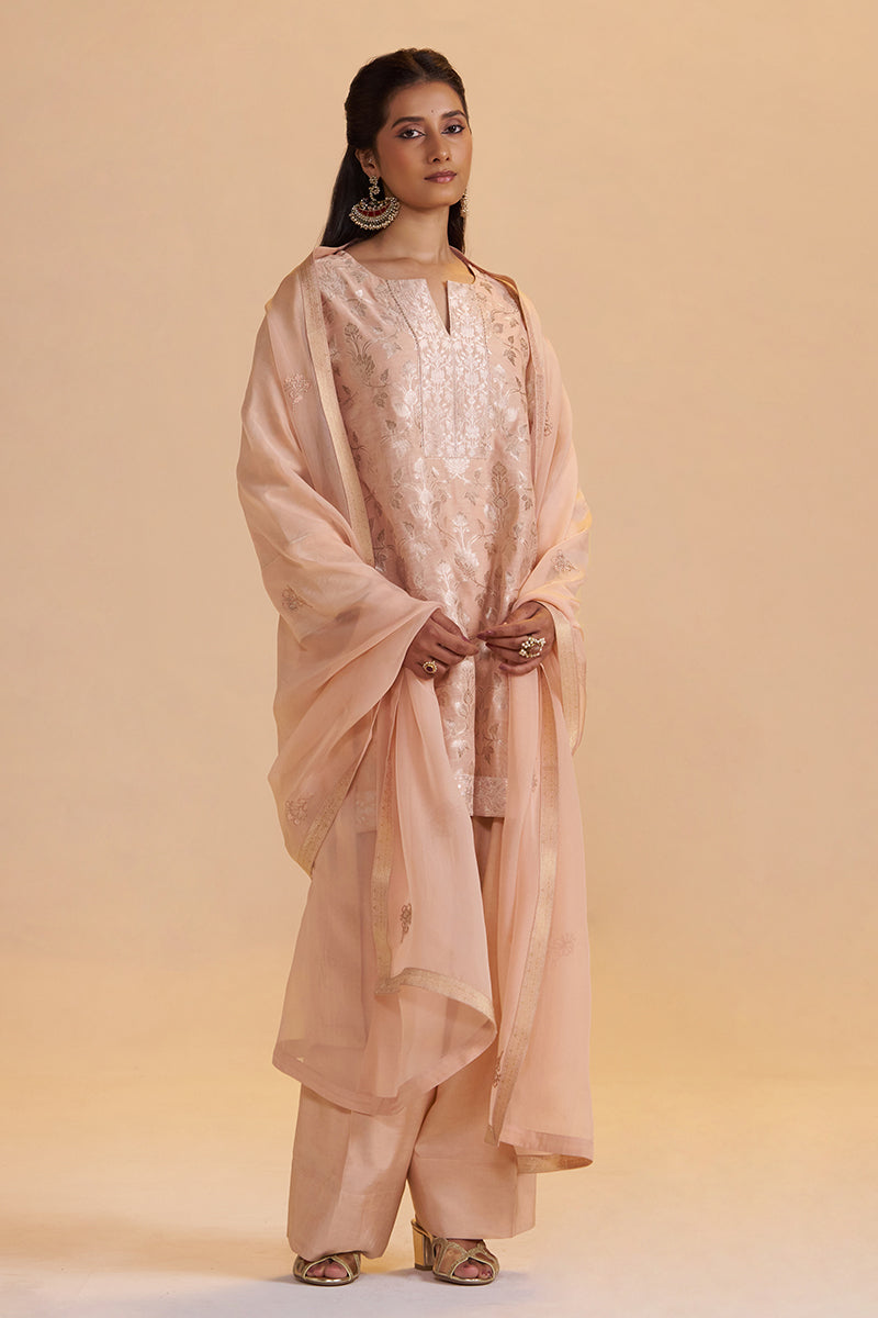Blush Peach Pure Banarasi Jacquard Kurta Set