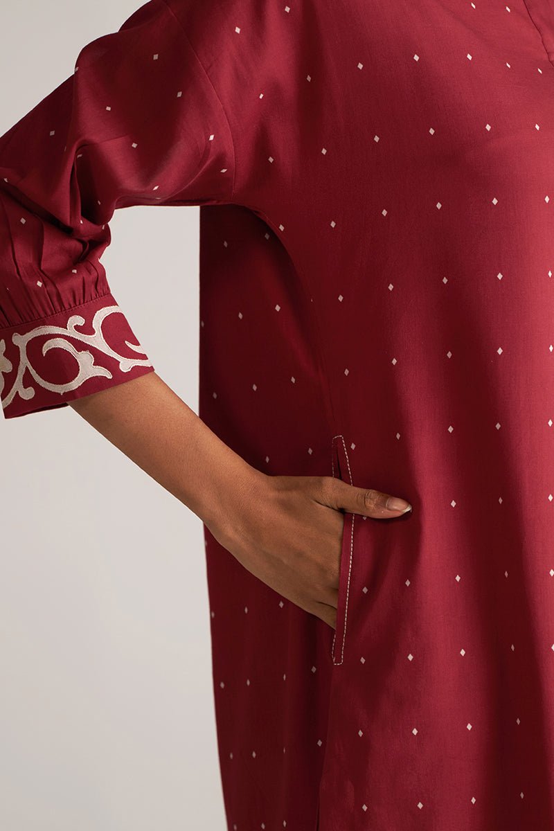 right hand pocket view Maroon & Off White Mul Mul Print Co-Ord Set