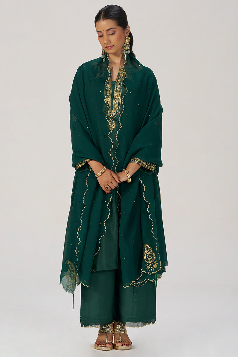 Deep Emerald Green Festive Silk Kurta Set