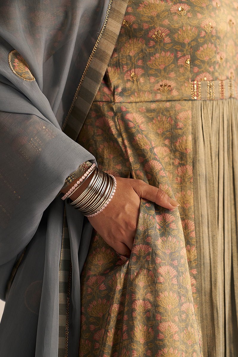 Right hand pocket view Monument Grey Tissue Festive Kurta Set