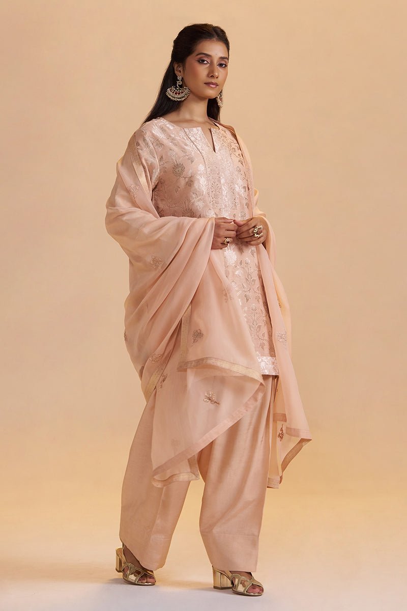 Blush Peach Pure Banarasi Jacquard Kurta Set - Ganga Fashions