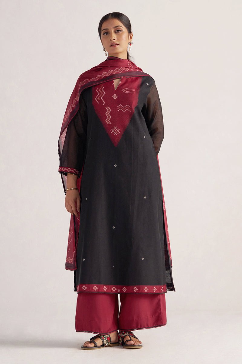 Black and Maroon Woven Kurta Set