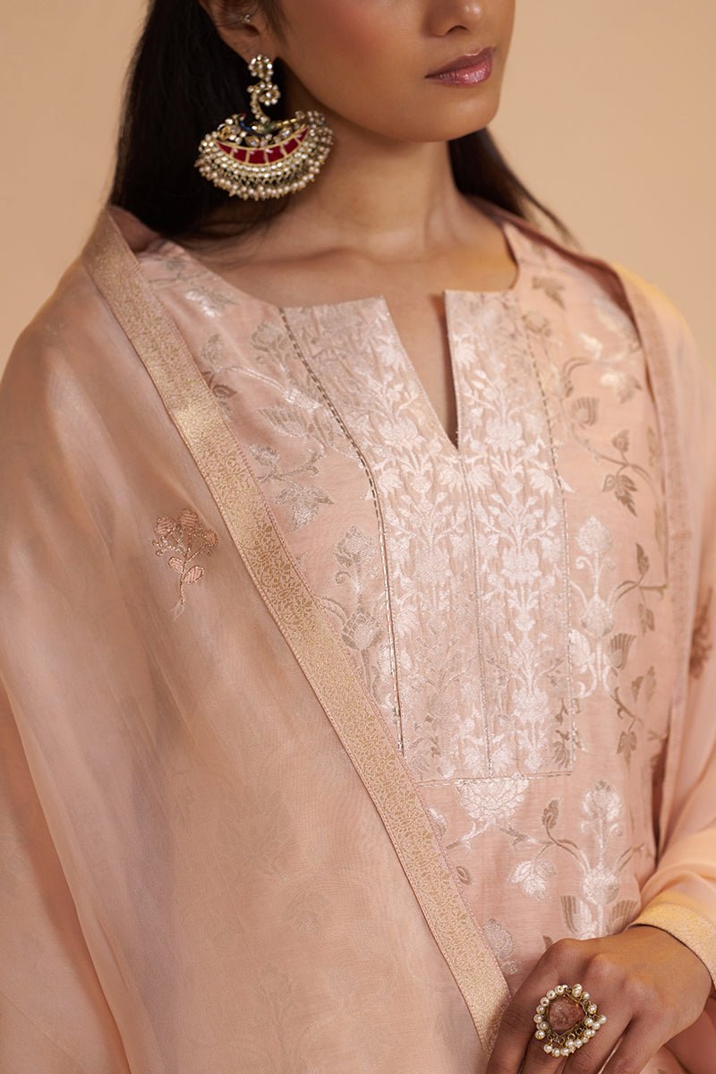 Blush Peach Pure Banarasi Jacquard Kurta Set - Ganga Fashions