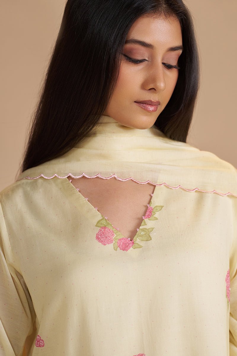 Butter Yellow Mul-Chanderi Kurta Set - Ganga Fashions