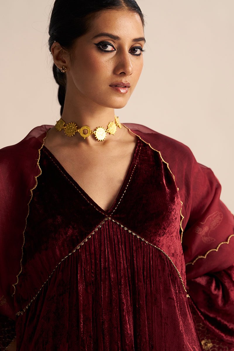 front view Sun-Dried Tomato Velvet Festive Kurta Set with Kora Silk Dupatta