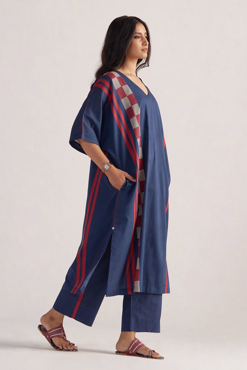 right side model view Navy Blue Mul-Mul Kaftaan Set