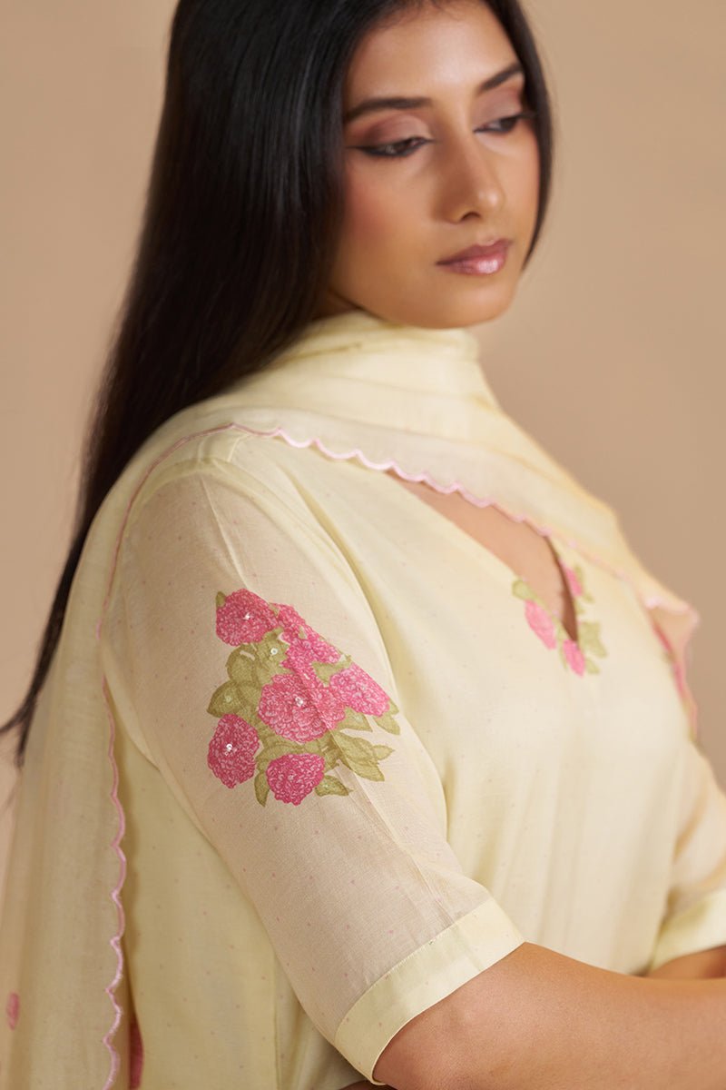 Butter Yellow Mul-Chanderi Kurta Set - Ganga Fashions