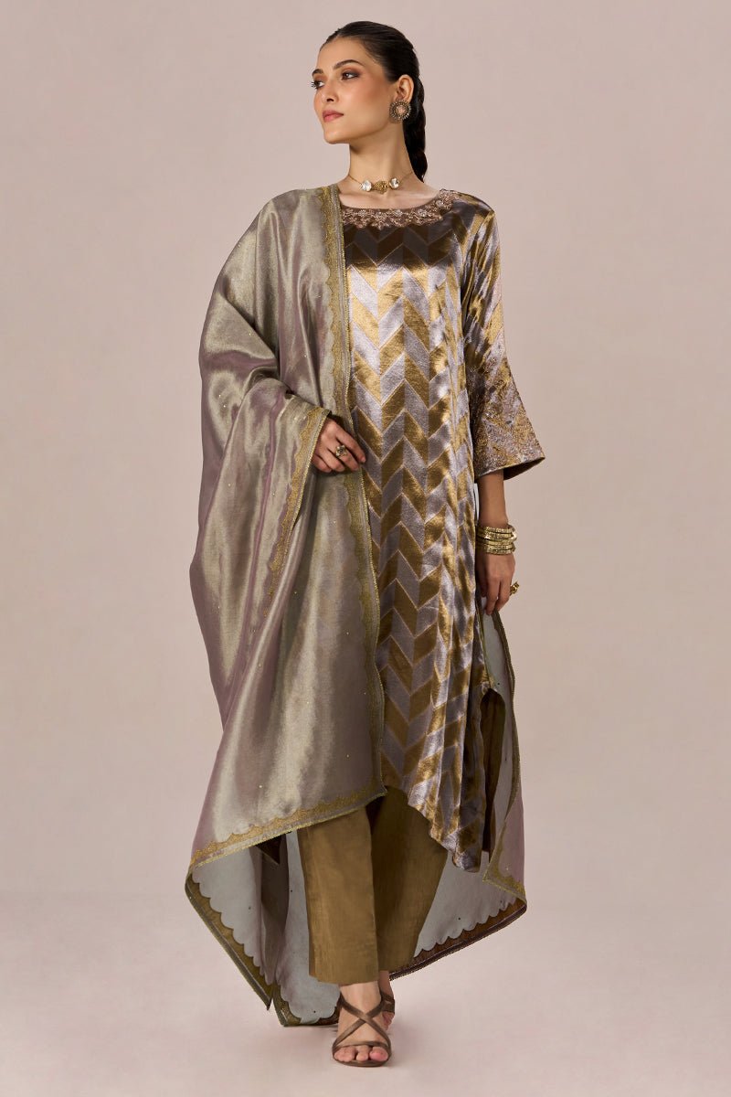 Brass and Light Gold Tissue Festive Kurta Set - Ganga Fashions