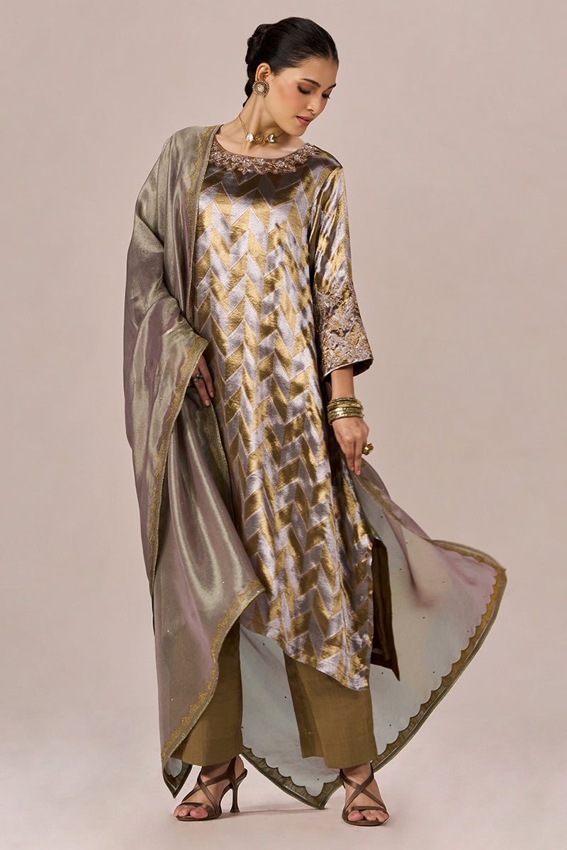 Brass and Light Gold Tissue Festive Kurta Set