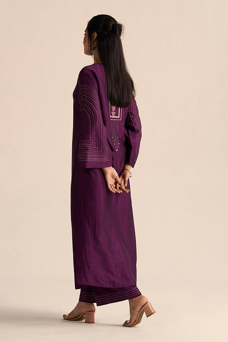 left back side model view Buy Plum Silk Co-ord Set Sleeve Online