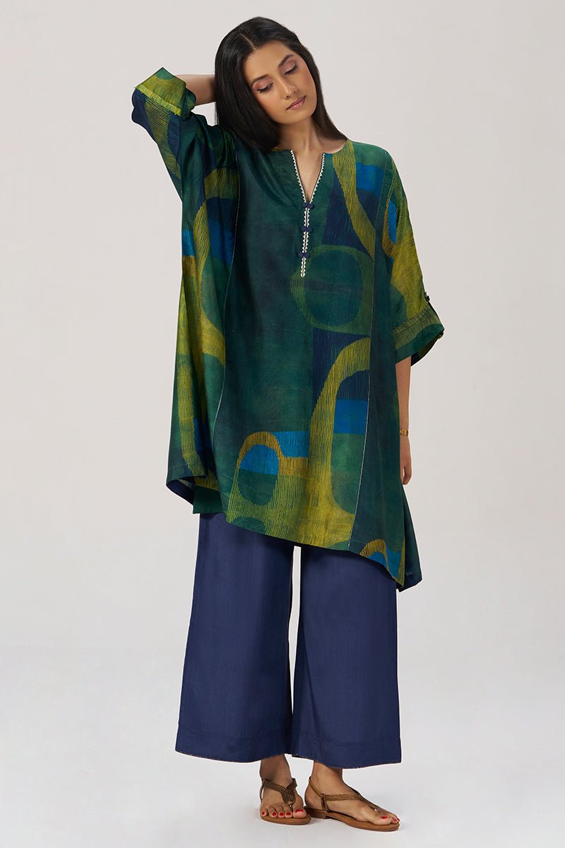 Deep Green and Blue Abstract Silk Co-ord Set - Ganga Fashions