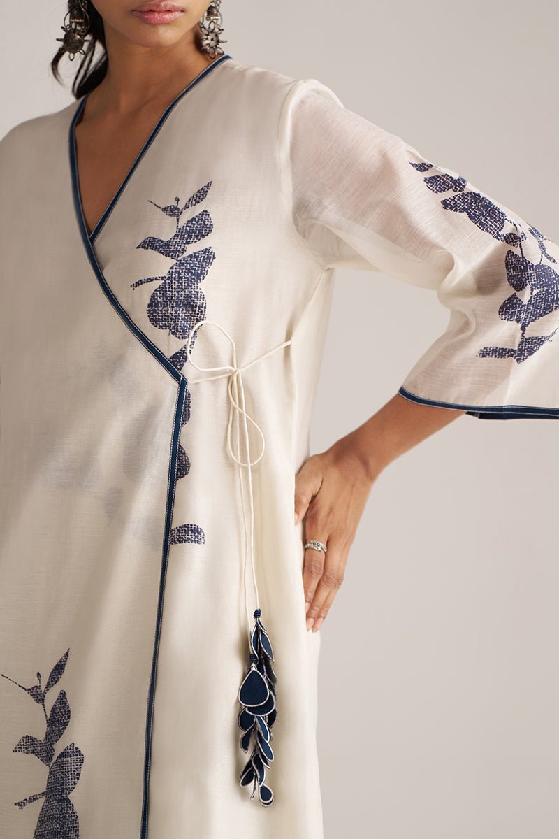 White dress with blue embroidery on a plain background | Ivory and Navy Blue Pure Chanderi Kurta Set