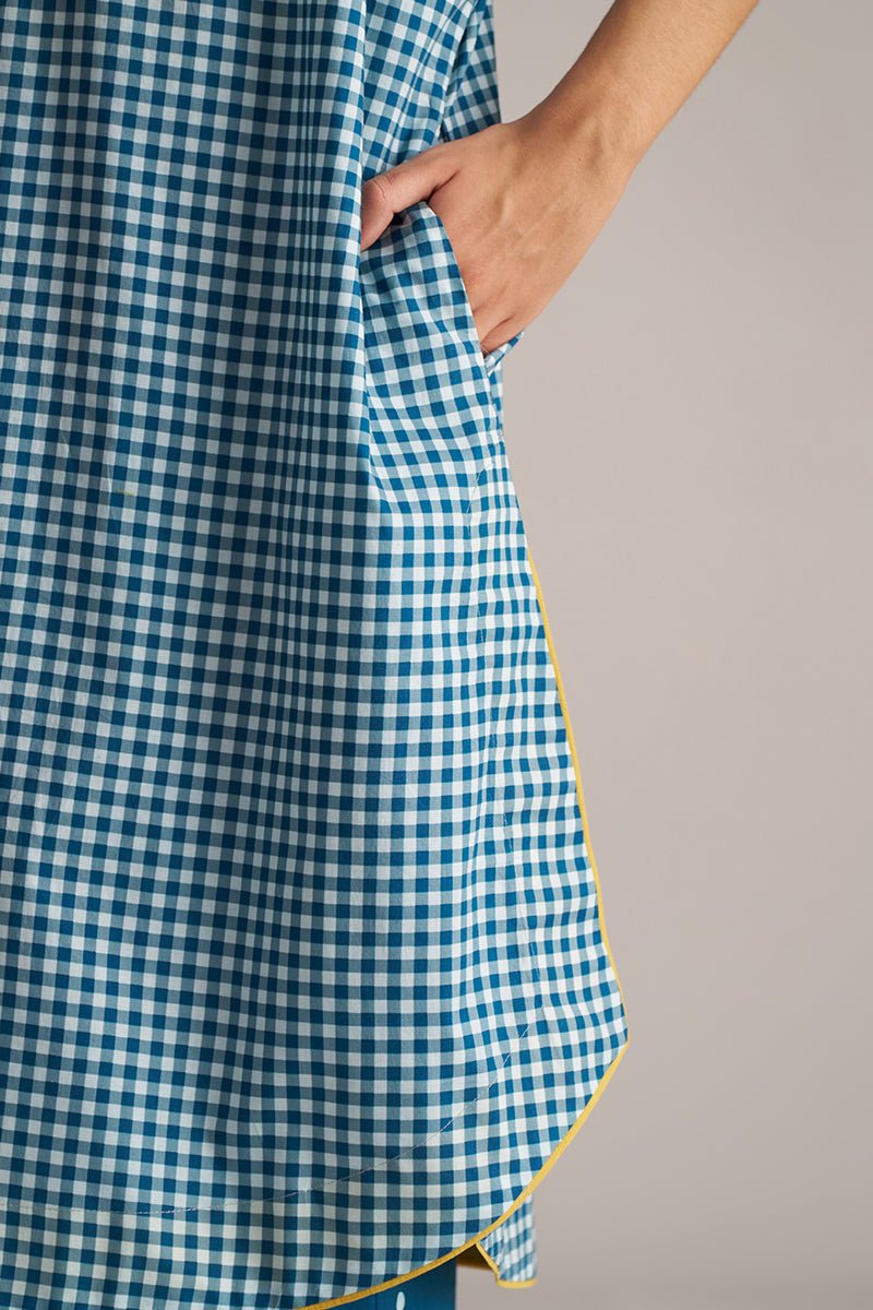 Teal and white checkered dress with a yellow trim on a neutral background | Blue and White Mul Mul Checkard Co Ord Set with Stole