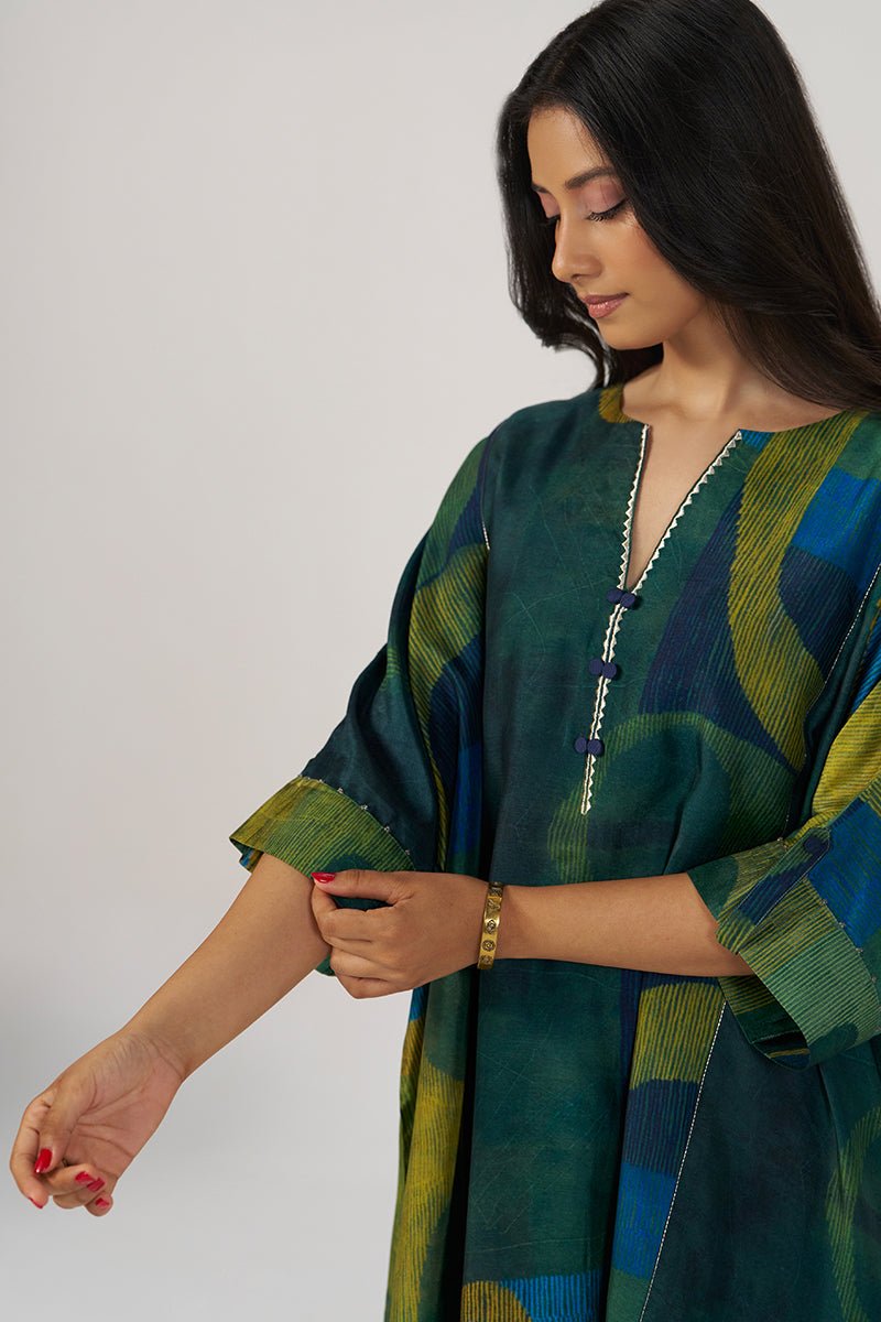 Deep Green and Blue Abstract Silk Co-ord Set - Ganga Fashions
