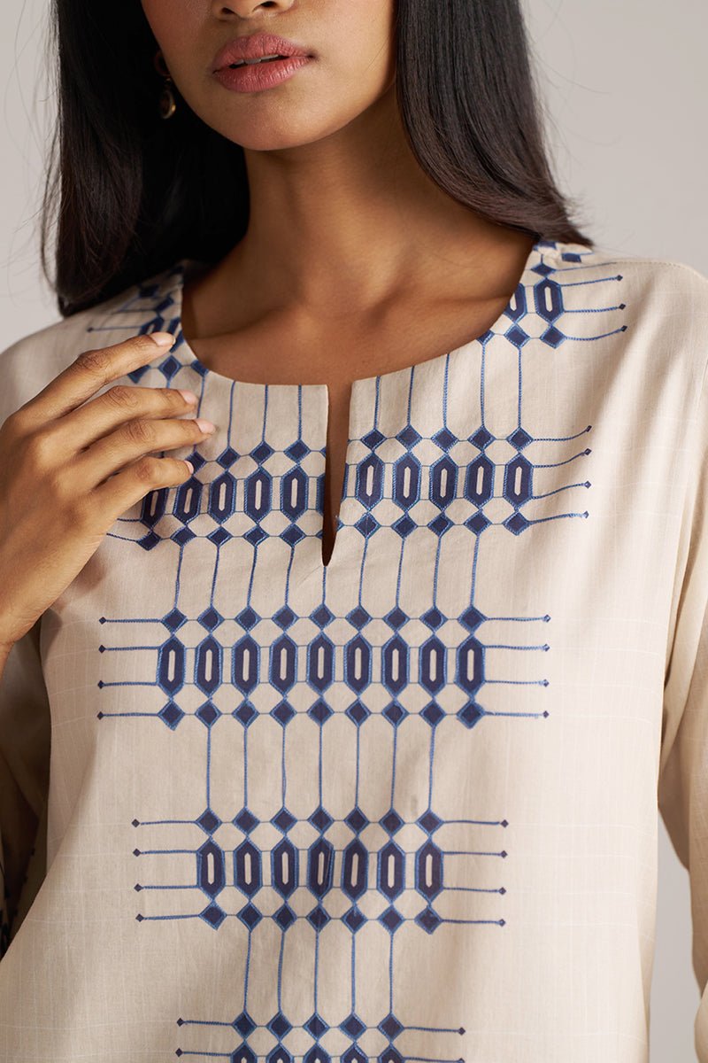 front zoom model view Beige & Blue Mul Mul Print Co-Ord Set