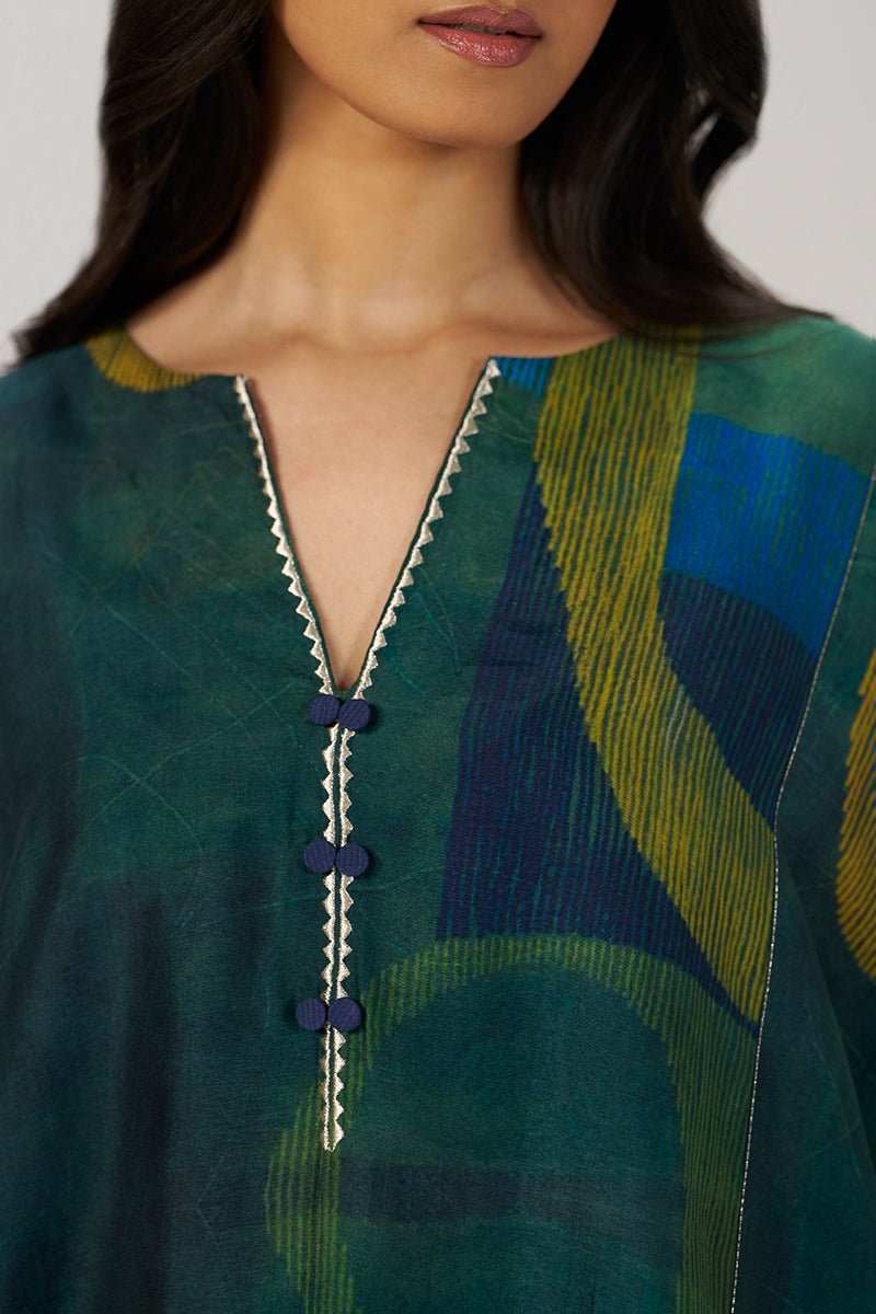 Deep Green and Blue Abstract Silk Co-ord Set - Ganga Fashions