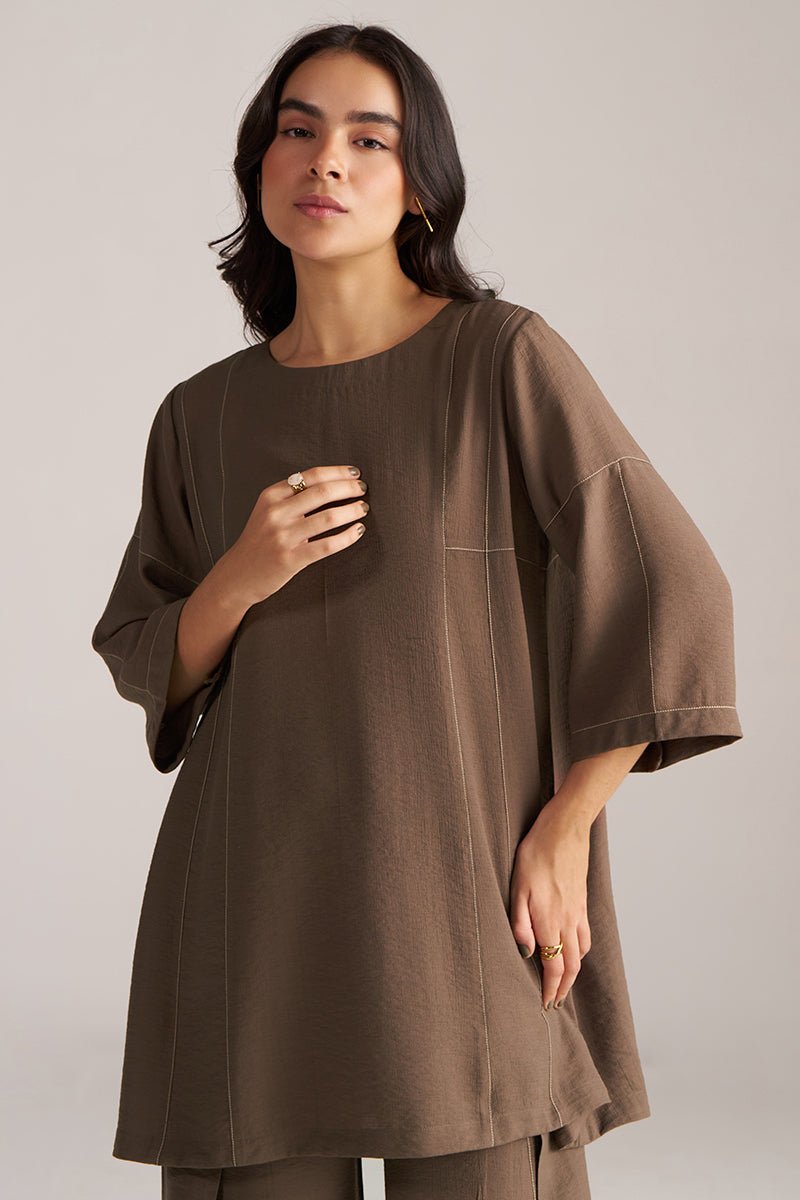 Woman wearing a brown tunic with a plain background, Rain Drum Brown Co-ord Set for Women | Rangmanch | Ganga Fashions