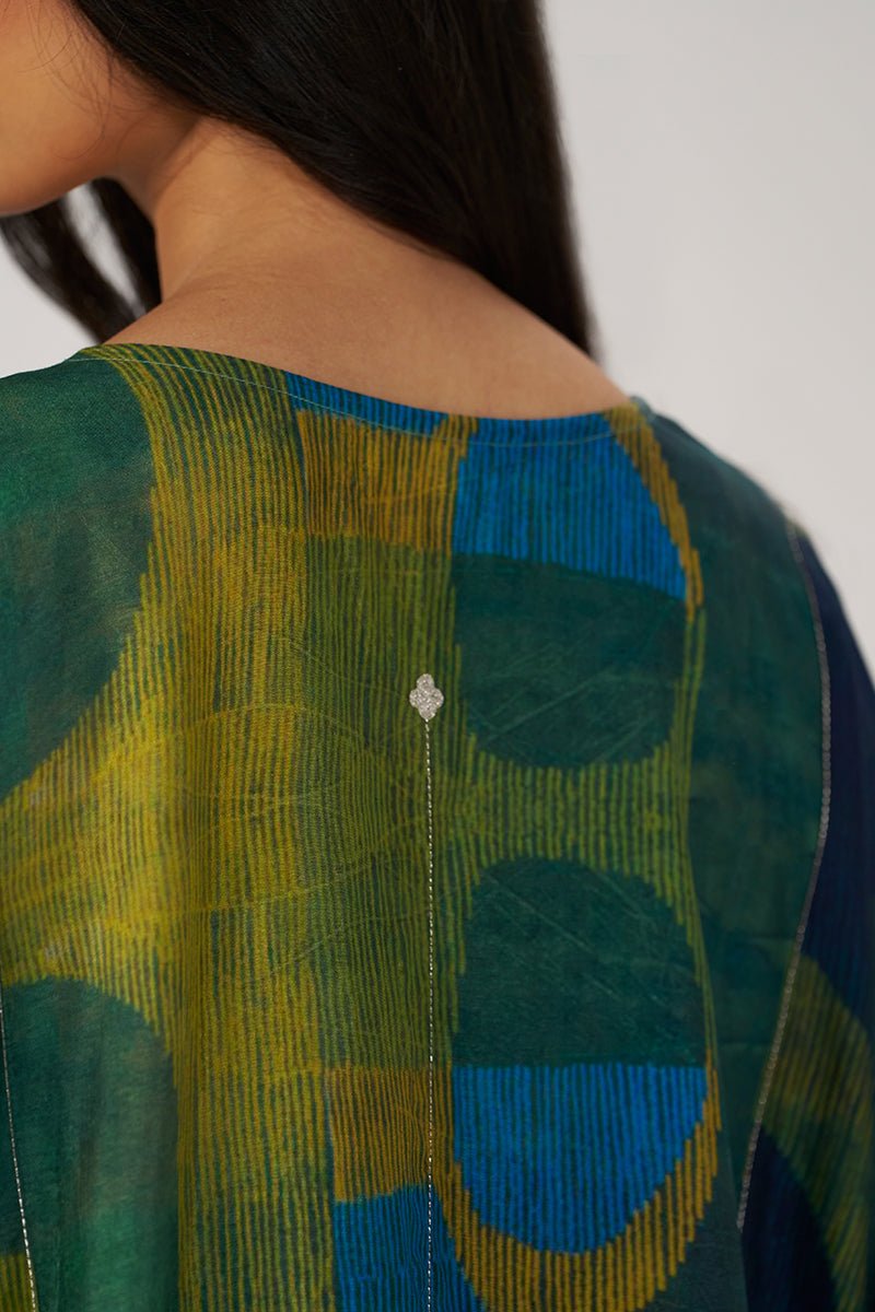 Deep Green and Blue Abstract Silk Co-ord Set - Ganga Fashions