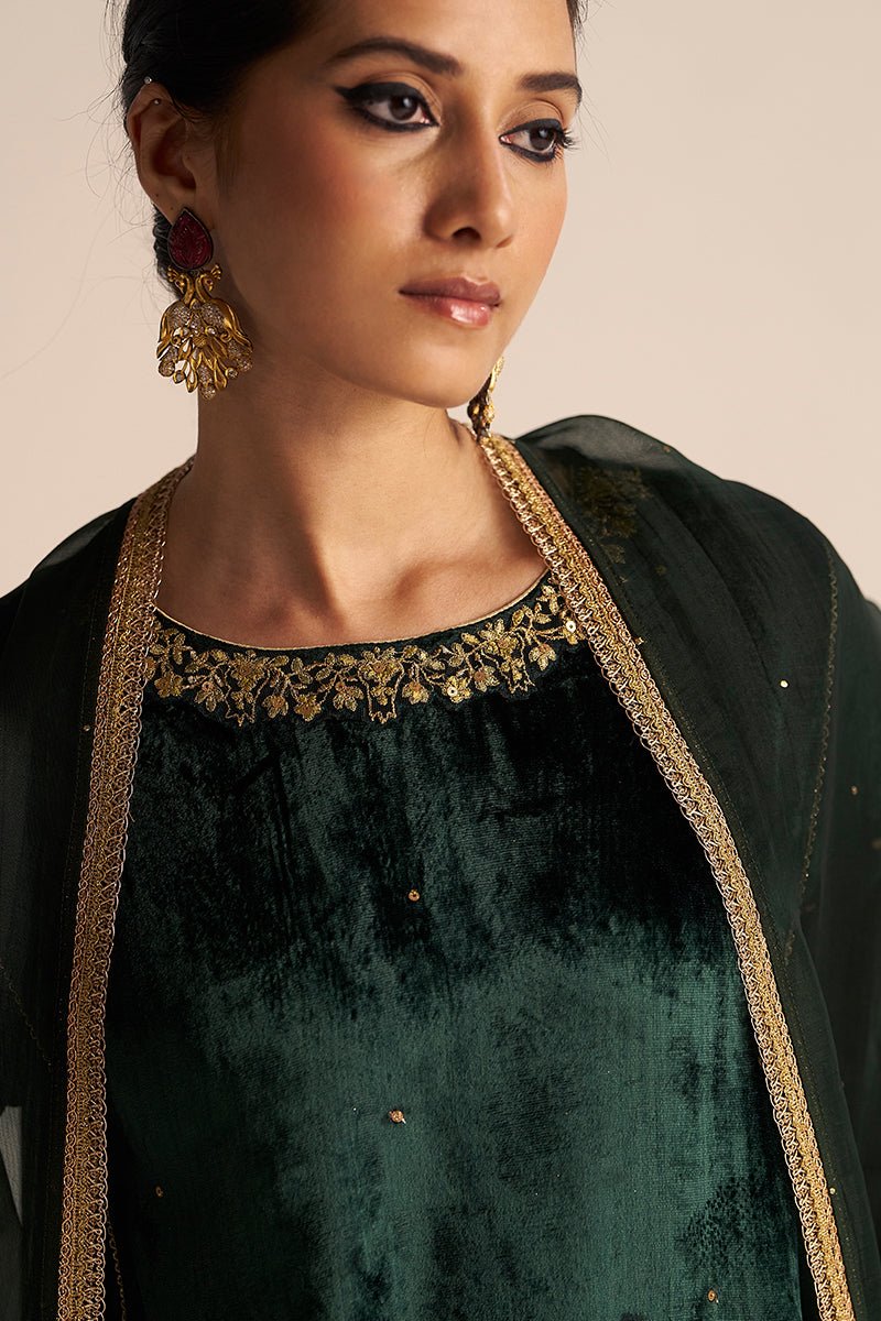 front face view Ponderosa Pine Velvet Festive Kurta Set