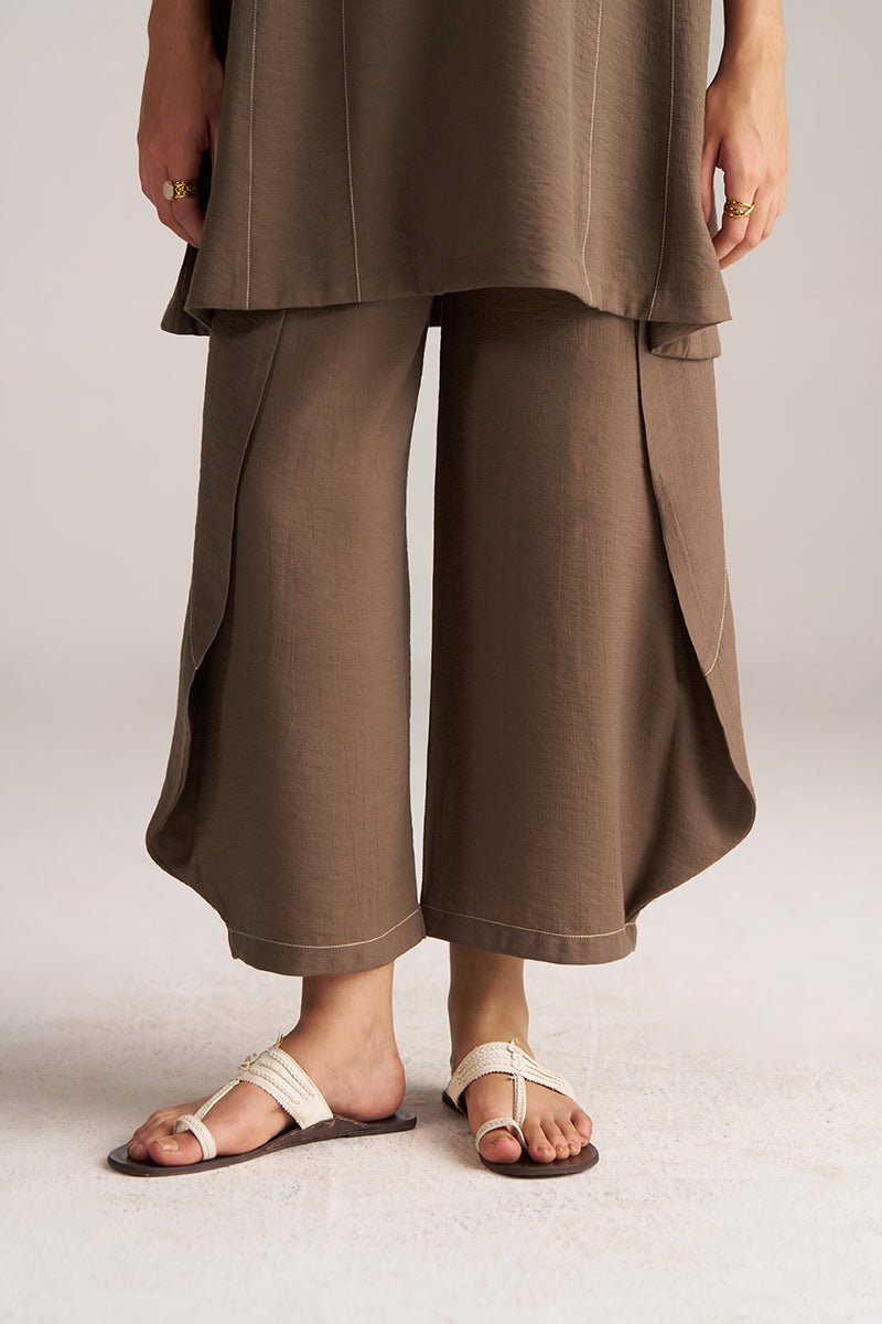 Person wearing a brown outfit with wide-leg pants on a plain background, Rain Drum Brown Co-ord Set for Women | Rangmanch | Ganga Fashions